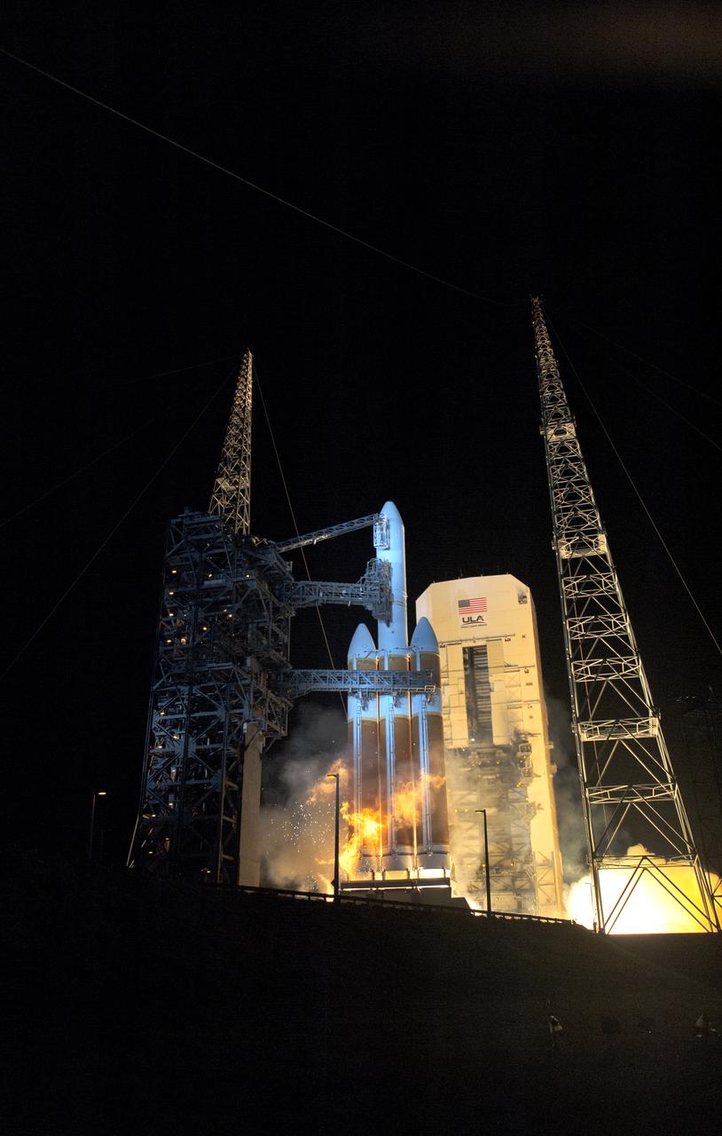At Cape Canaveral Air Force Station's Space Launch Complex 37, the United Launch Alliance Delta IV Heavy rocket with NASA's Parker Solar Probe, lifts off at 3:31 a.m. EDT on Sunday, Aug. 12, 2018. The spacecraft was built by Applied Physics Laboratory of Johns Hopkins University in Laurel, Maryland. The mission will perform the closest-ever observations of a star when it travels through the Sun's atmosphere, called the corona. The probe will rely on measurements and imaging to revolutionize our understanding of the corona and the Sun-Earth connection.
