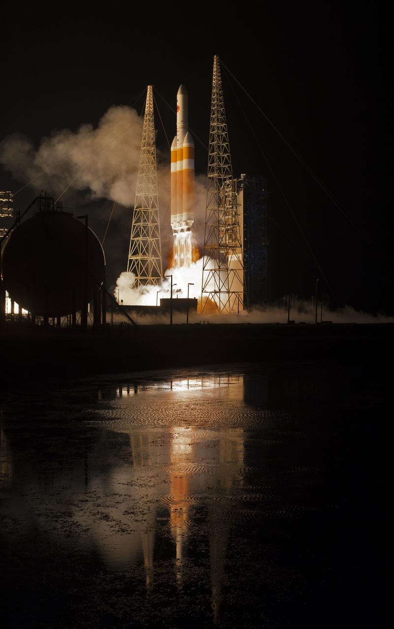 At Cape Canaveral Air Force Station’s Space Launch Complex 37, the United Launch Alliance Delta IV Heavy rocket with NASA's Parker Solar Probe, lifts off at 3:31 a.m. EDT on Sunday, Aug. 12, 2018. The spacecraft was built by Applied Physics Laboratory of Johns Hopkins University in Laurel, Maryland. The mission will perform the closest-ever observations of a star when it travels through the Sun's atmosphere, called the corona. The probe will rely on measurements and imaging to revolutionize our understanding of the corona and the Sun-Earth connection.