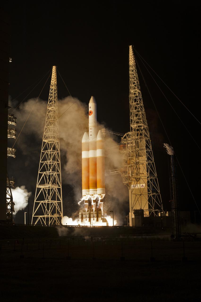 At Cape Canaveral Air Force Station’s Space Launch Complex 37, the United Launch Alliance Delta IV Heavy rocket with NASA's Parker Solar Probe, lifts off at 3:31 a.m. EDT on Sunday, Aug. 12, 2018. The spacecraft was built by Applied Physics Laboratory of Johns Hopkins University in Laurel, Maryland. The mission will perform the closest-ever observations of a star when it travels through the Sun's atmosphere, called the corona. The probe will rely on measurements and imaging to revolutionize our understanding of the corona and the Sun-Earth connection.