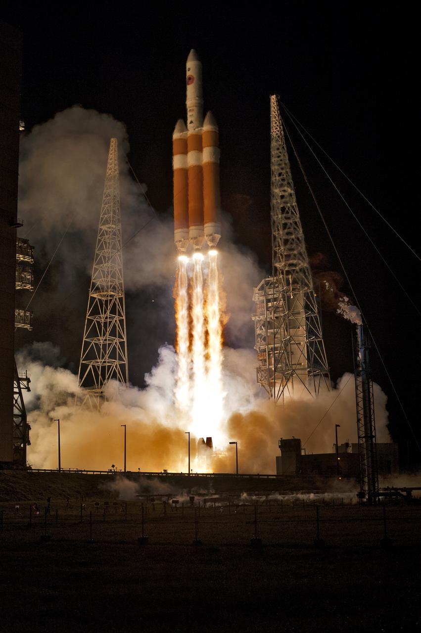 At Cape Canaveral Air Force Station’s Space Launch Complex 37, the United Launch Alliance Delta IV Heavy rocket with NASA's Parker Solar Probe, lifts off at 3:31 a.m. EDT on Sunday, Aug. 12, 2018. The spacecraft was built by Applied Physics Laboratory of Johns Hopkins University in Laurel, Maryland. The mission will perform the closest-ever observations of a star when it travels through the Sun's atmosphere, called the corona. The probe will rely on measurements and imaging to revolutionize our understanding of the corona and the Sun-Earth connection.