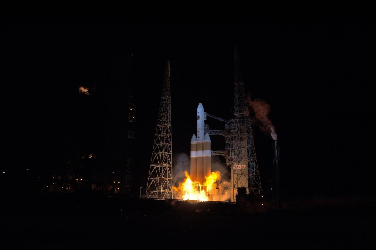 At Cape Canaveral Air Force Station’s Space Launch Complex 37, the United Launch Alliance Delta IV Heavy rocket with NASA's Parker Solar Probe, lifts off at 3:31 a.m. EDT on Sunday, Aug. 12, 2018. The spacecraft was built by Applied Physics Laboratory of Johns Hopkins University in Laurel, Maryland. The mission will perform the closest-ever observations of a star when it travels through the Sun's atmosphere, called the corona. The probe will rely on measurements and imaging to revolutionize our understanding of the corona and the Sun-Earth connection.