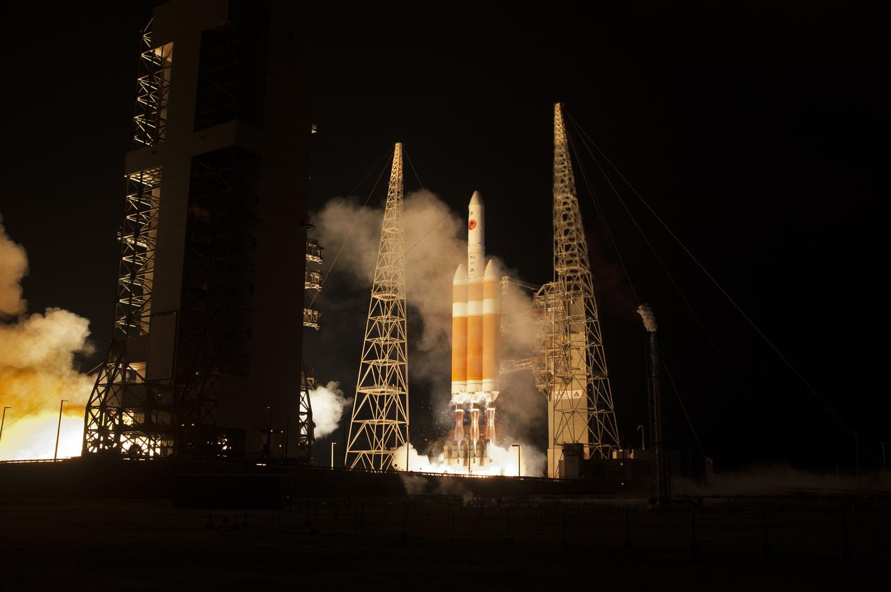 At Cape Canaveral Air Force Station’s Space Launch Complex 37, the United Launch Alliance Delta IV Heavy rocket with NASA's Parker Solar Probe, lifts off at 3:31 a.m. EDT on Sunday, Aug. 12, 2018. The spacecraft was built by Applied Physics Laboratory of Johns Hopkins University in Laurel, Maryland. The mission will perform the closest-ever observations of a star when it travels through the Sun's atmosphere, called the corona. The probe will rely on measurements and imaging to revolutionize our understanding of the corona and the Sun-Earth connection.