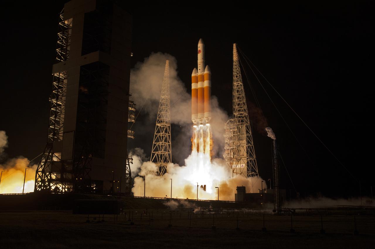 At Cape Canaveral Air Force Station’s Space Launch Complex 37, the United Launch Alliance Delta IV Heavy rocket with NASA's Parker Solar Probe, lifts off at 3:31 a.m. EDT on Sunday, Aug. 12, 2018. The spacecraft was built by Applied Physics Laboratory of Johns Hopkins University in Laurel, Maryland. The mission will perform the closest-ever observations of a star when it travels through the Sun's atmosphere, called the corona. The probe will rely on measurements and imaging to revolutionize our understanding of the corona and the Sun-Earth connection.