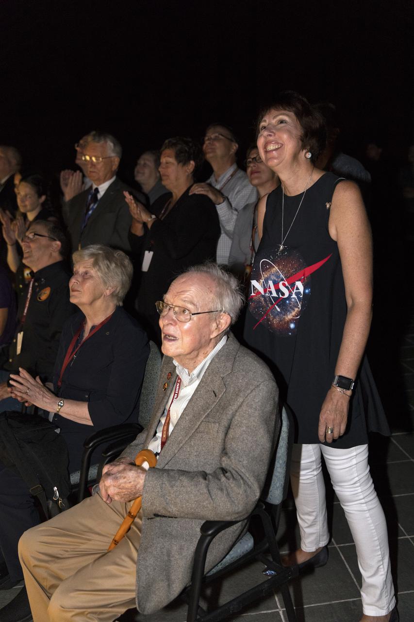 Dr. Eugene Parker (seated in the foreground), a pioneer in heliophysics and S. Chandrasekhar distinguished service professor emeritus for the Department of Astronomy and Astrophysics at the University of Chicago, watches the launch of NASA's Parker Solar Probe. This is the first agency mission named for a living person. Standing behind Parker is Nicky Fox, Parker Solar Probe project scientist at Johns Hopkins Applied Physics Laboratory. The liftoff took place at 3:31 a.m. EDT on Sunday, Aug. 12, 2018. The spacecraft was built by the Johns Hopkins University Applied Physics Laboratory in Laurel, Maryland. The mission will perform the closest-ever observations of a star when it travels through the Sun's atmosphere, called the corona. The probe will rely on measurements and imaging to revolutionize our understanding of the corona and the Sun-Earth connection.