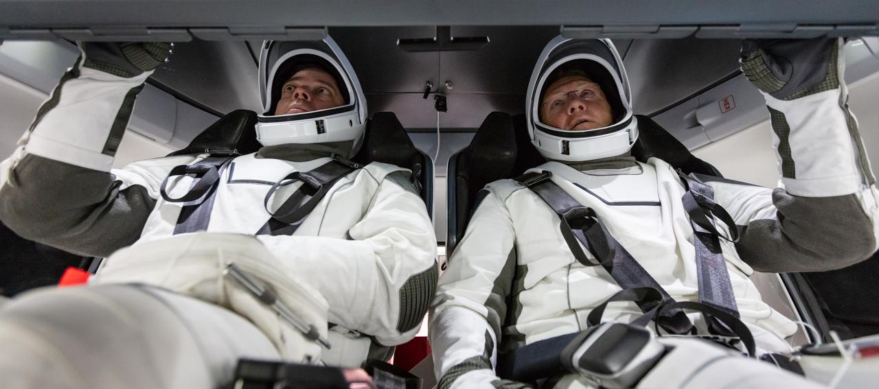 NASA astronauts Doug Hurley and Bob Behnken familiarize themselves with SpaceX’s Crew Dragon, the spacecraft that will transport them to the International Space Station as part of NASA’s Commercial Crew Program. Their upcoming flight test is known as Demo-2, short for Demonstration Mission 2. The Crew Dragon will launch on SpaceX’s Falcon 9 rocket from Launch Complex 39A at NASA’s Kennedy Space Center in Florida. In March 2019, SpaceX completed an uncrewed flight test of Crew Dragon known as Demo-1, which was designed to validate end-to-end systems and capabilities, bringing NASA closer to certification of SpaceX systems to fly a crew.