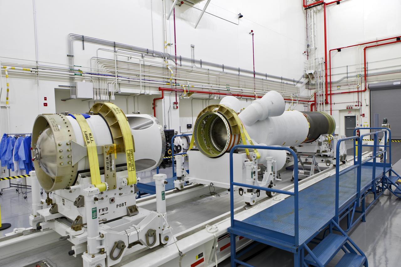 The jettison motor for Orion’s Launch Abort System (LAS) is shown inside the Launch Abort System Facility (LASF) at NASA’s Kennedy Space Center in Florida. The motor, which arrived at Kennedy on Sept. 10, 2018, will be stored in the LASF until processing for a full-stress test of the LAS called Ascent Abort-2 (AA-2), scheduled for April 2019. Designed and built by NASA and Lockheed Martin, the LAS will protect astronauts if a problem arises during launch by pulling the spacecraft away from a failing rocket. The jettison motor is one of three solid propellant rocket motors in the LAS (the abort motor and attitude control motor are the other two). The jettison motor will pull the LAS away from the crew module, allowing Orion’s parachutes to deploy and the spacecraft to safely land in the ocean.