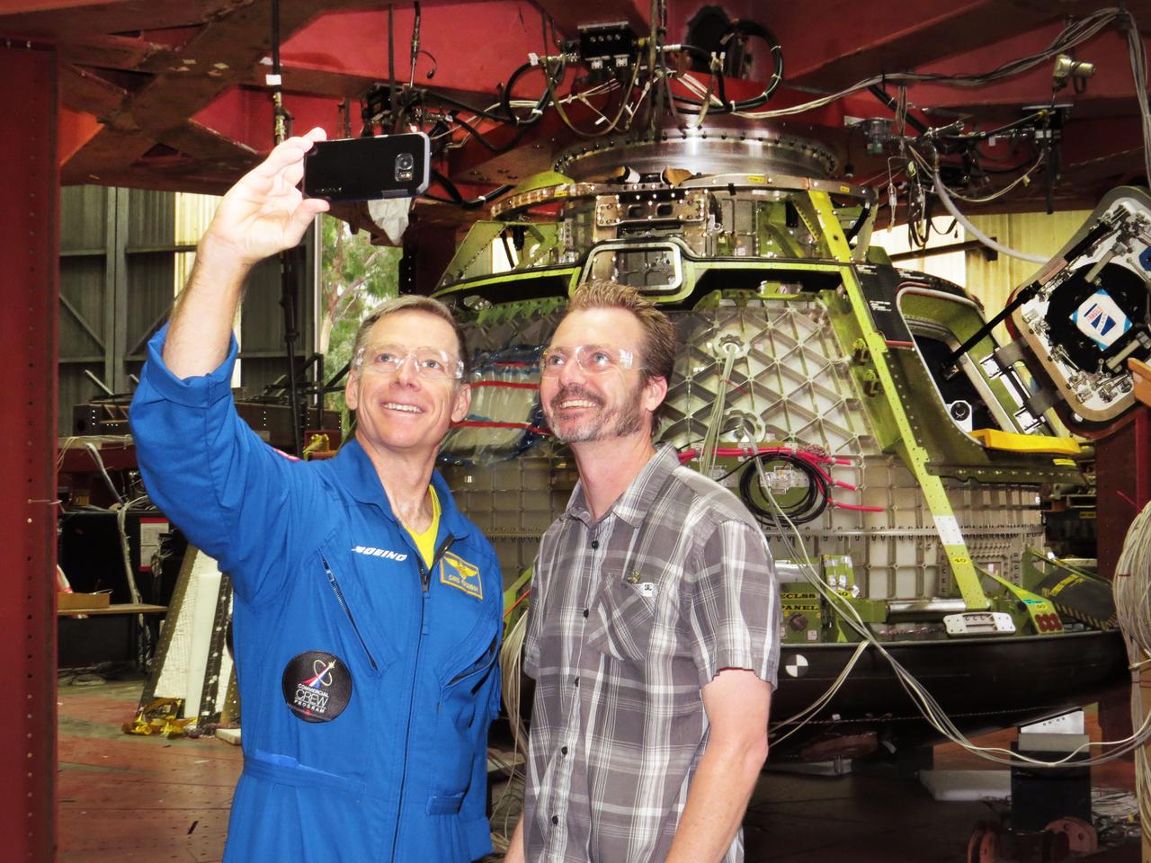 Boeing astronaut Chris Ferguson takes a selfie during a recent tour of spacecraft testing facilities in southern California. Ferguson, along with NASA astronauts Nicole Mann and Eric Boe, will fly on Boeing’s CST-100 Starliner in an upcoming crew flight test to the International Space Station. During trips to El Segundo and Huntington Beach, the astronauts met with employees who conduct the structural and environmental testing on the spacecraft built to return human spaceflight launch capability to the U.S.
