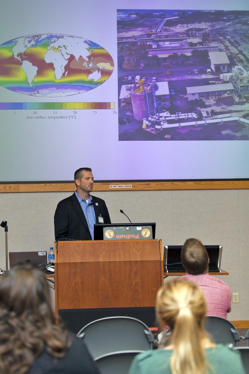 Guest speaker Gabriel Alsenas discusses ocean renewable energy sources with NASA Kennedy Space Center employees in the spaceport’s Mission Briefing Room on Thursday, Oct. 11, 2018. Alsenas is director of the Southeast National Marine Renewable Energy Center at Florida Atlantic University in Boca Raton. The “lunch and learn” event is one of two scheduled during October in conjunction with Energy Awareness Month, which aims to recognize the importance of energy management for our national prosperity, security and environmental sustainability.