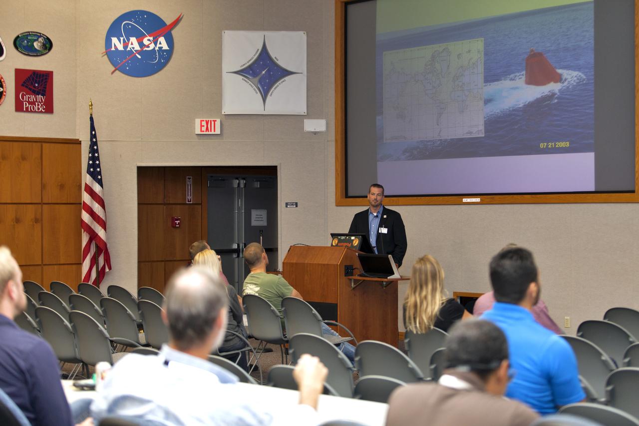 Guest speaker Gabriel Alsenas discusses ocean renewable energy sources with NASA Kennedy Space Center employees in the spaceport’s Mission Briefing Room on Thursday, Oct. 11, 2018. Alsenas is director of the Southeast National Marine Renewable Energy Center at Florida Atlantic University in Boca Raton. The “lunch and learn” event is one of two scheduled during October in conjunction with Energy Awareness Month, which aims to recognize the importance of energy management for our national prosperity, security and environmental sustainability.