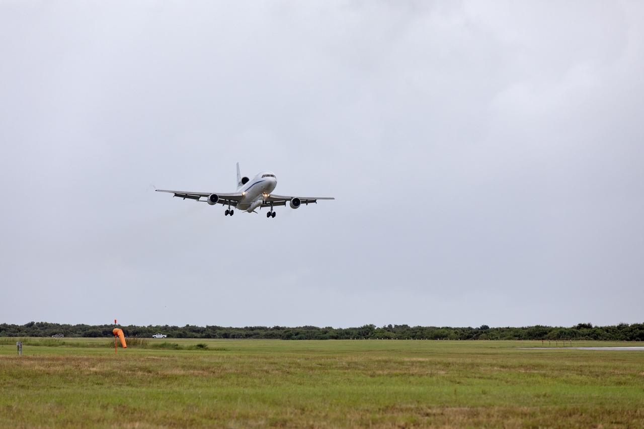 Northrop Grumman's L-1011 Stargazer descends toward the Skid Strip at Cape Canaveral Air Force Station in Florida, on Oct. 19, 2018. The company's Pegasus XL rocket, containing NASA's Ionospheric Connection Explorer (ICON), is attached beneath the aircraft. The Pegasus XL rocket will launch from the Skid Strip. ICON will study the frontier of space - the dynamic zone high in Earth's atmosphere where terrestrial weather from below meets space weather above. The explorer will help determine the physics of Earth's space environment and pave the way for mitigating its effects on our technology and communications systems.
