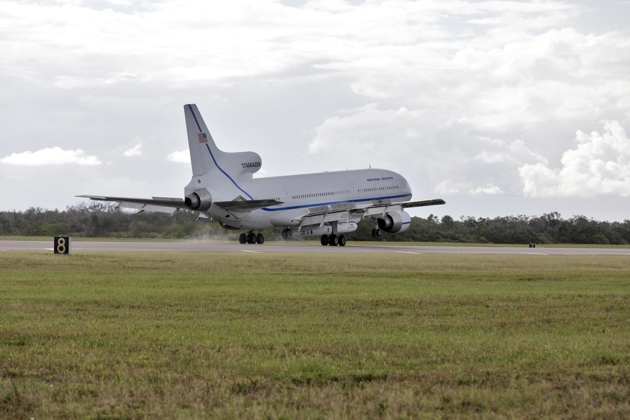 Northrop Grumman's L-1011 Stargazer touches down at the Skid Strip at Cape Canaveral Air Force Station in Florida, on Oct. 19, 2018. The company's Pegasus XL rocket, containing NASA's Ionospheric Connection Explorer (ICON), is attached beneath the aircraft. The Pegasus XL rocket will launch from the Skid Strip. ICON will study the frontier of space - the dynamic zone high in Earth's atmosphere where terrestrial weather from below meets space weather above. The explorer will help determine the physics of Earth's space environment and pave the way for mitigating its effects on our technology and communications systems.