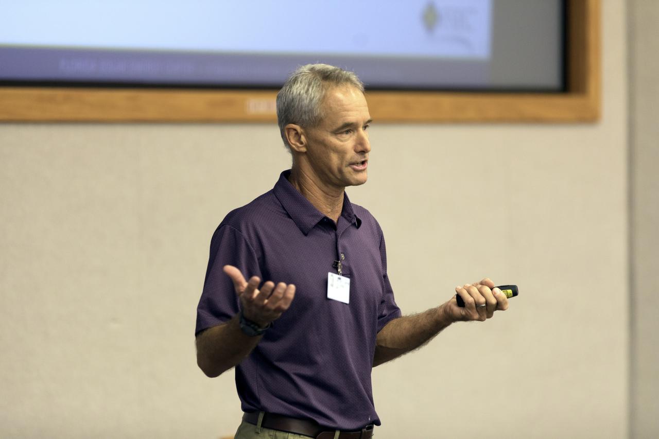 Guest speaker John Sherwin explains residential solar and home energy-saving methods during a “lunch and learn” held Tuesday, Oct. 23, 2018, for employees at NASA’s Kennedy Space Center in Florida. Sherwin is the director of the Photovoltaic System Certification and Testing Program at the Florida Solar Energy Center in Cocoa. The event was one of two held during October in conjunction with Energy Awareness Month, which aims to recognize the importance of energy management for our national prosperity, security and environmental sustainability.