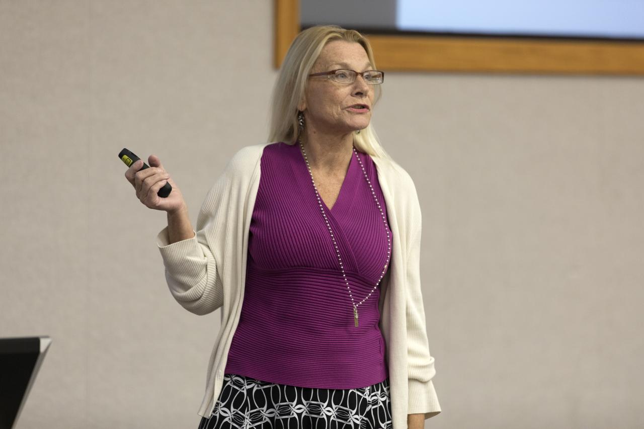 Guest speaker Robin Thomas discusses energy resilience and the Ascension Island wind turbine generator project during a “lunch and learn” held Tuesday, Oct. 23, 2018, for employees at NASA’s Kennedy Space Center in Florida. Thomas is a resource efficiency manager working with the U.S. Air Force 45th Space Wing’s Civil Engineering Squadron based at Patrick Air Force Base. The event was one of two held during October in conjunction with Energy Awareness Month, which aims to recognize the importance of energy management for our national prosperity, security and environmental sustainability.