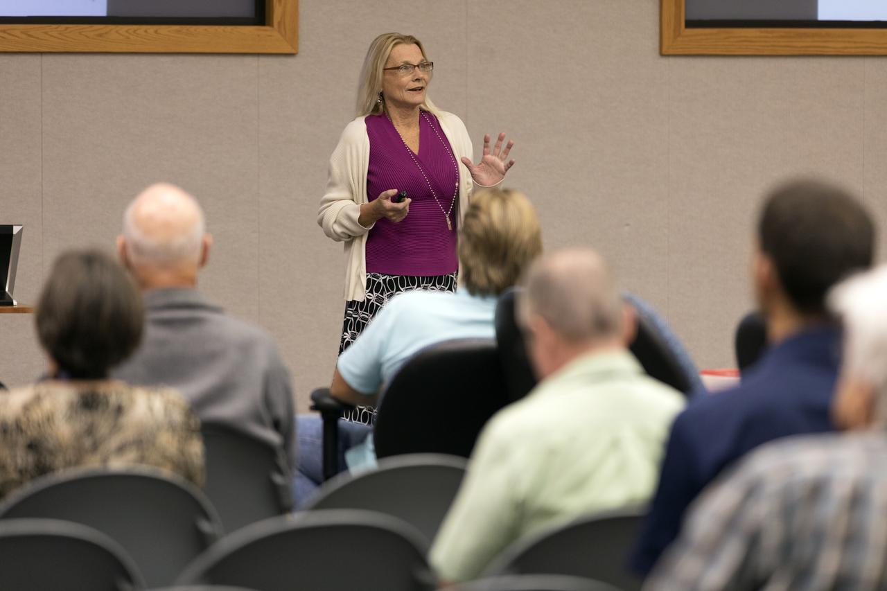 Guest speaker Robin Thomas discusses energy resilience and the Ascension Island wind turbine generator project during a “lunch and learn” held Tuesday, Oct. 23, 2018, for employees at NASA’s Kennedy Space Center in Florida. Thomas is a resource efficiency manager working with the U.S. Air Force 45th Space Wing’s Civil Engineering Squadron based at Patrick Air Force Base. The event was one of two held during October in conjunction with Energy Awareness Month, which aims to recognize the importance of energy management for our national prosperity, security and environmental sustainability.