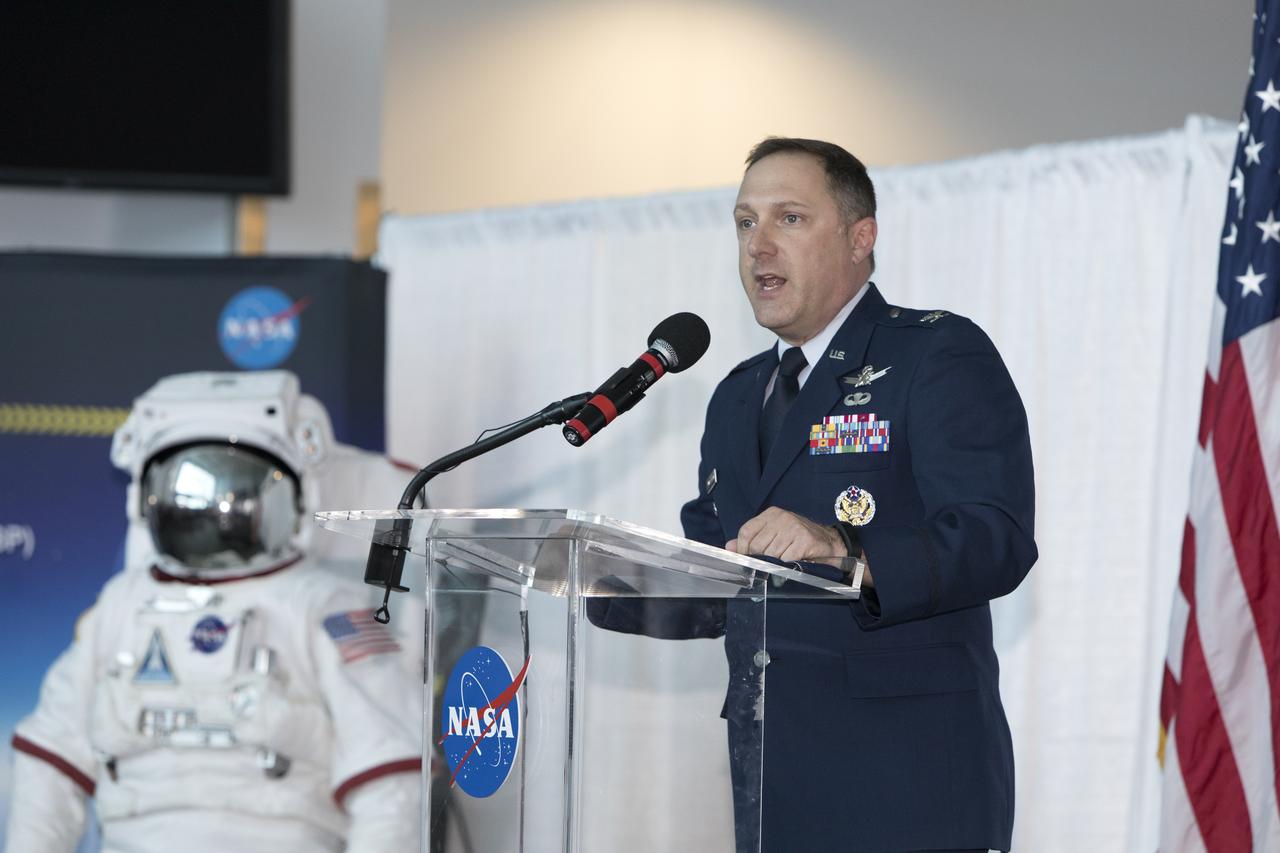 Colonel Thomas Ste. Marie, vice commander, 45th Space Wing, welcomes attendees and vendors to the NASA Business Opportunities Expo 2018, on Oct. 23, inside Cruise Terminal 6 at Port Canaveral in Florida. The 28th Business Opportunities Expo featured more than 200 businesses, large and small, and government exhibitors from throughout the Space Coast and the nation. The Business Opportunities Expo is facilitated by Kennedy's Small Business Programs Office and Prime Contractor Board, along with the U.S. Air Force 45th Space Wing and Canaveral Port Authority. Vendors from a variety of product and service areas, such as computer technology, engineering services, communication equipment and services, and construction and safety products, to name a few, were at the expo. Representatives from the 45th Space Wing, Kennedy prime contractors, NASA and many more agencies and organizations were on hand to provide information and answer questions.