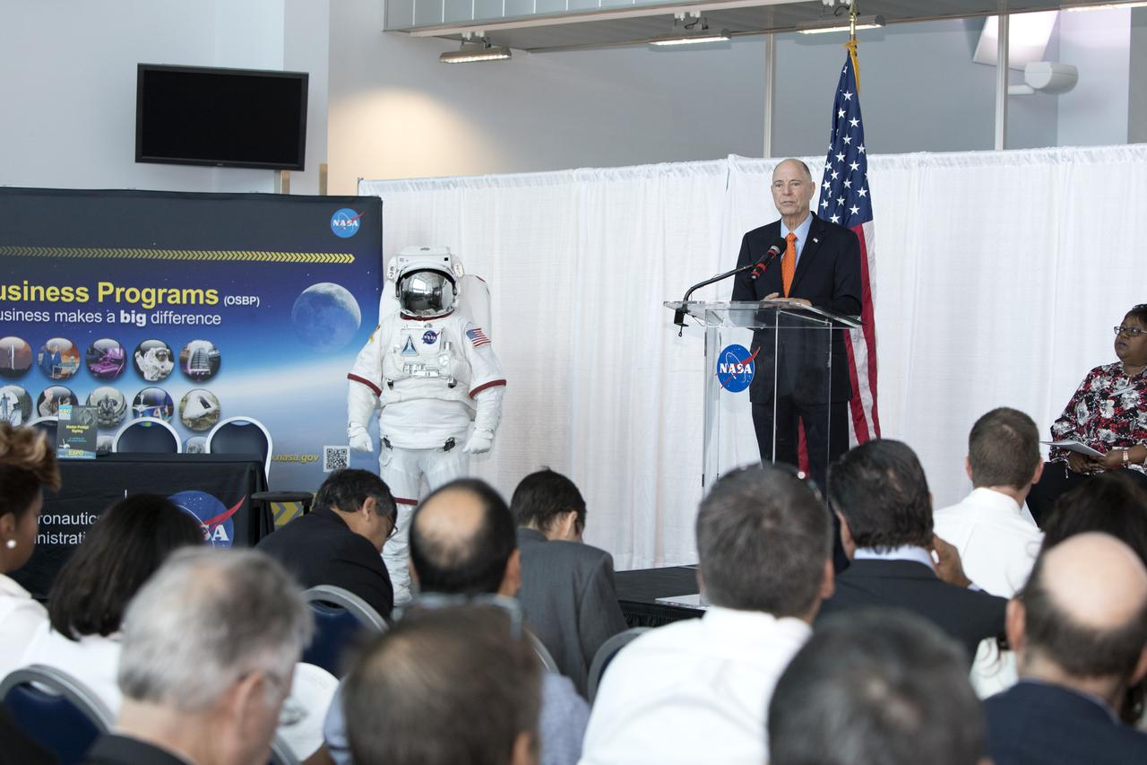U.S. Rep. Bill Posey speaks to attendees during the NASA Business Opportunities Expo 2018, on Oct. 23, inside Cruise Terminal 6 at Port Canaveral in Florida. The 28th Business Opportunities Expo featured more than 200 businesses, large and small, and government exhibitors from throughout the Space Coast and the nation. The Business Opportunities Expo is facilitated by Kennedy's Small Business Programs Office and Prime Contractor Board, along with the U.S. Air Force 45th Space Wing and Canaveral Port Authority. Vendors from a variety of product and service areas, such as computer technology, engineering services, communication equipment and services, and construction and safety products, to name a few, were at the expo. Representatives from the 45th Space Wing, Kennedy prime contractors, NASA and many more agencies and organizations were on hand to provide information and answer questions.