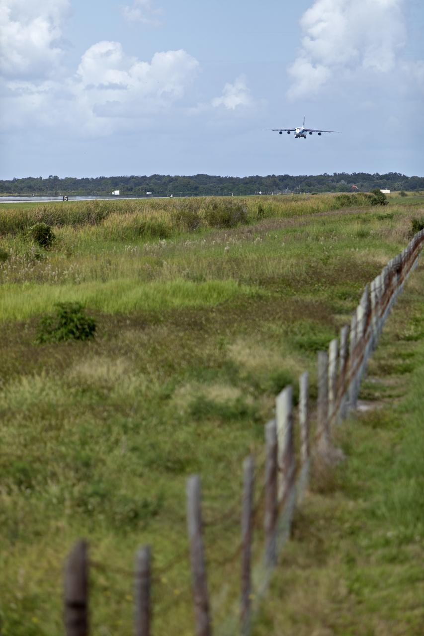 The Antonov cargo aircraft descends toward the Shuttle Landing Facility at NASA's Kennedy Space Center in Florida on Nov. 6, 2018, carrying the European Service Module (ESM) for Exploration Mission-1 (EM-1). The ESM, built by the European Space Agency, will supply the main propulsion system and power to the Orion spacecraft for Exploration Mission-1 (EM-1), a mission to the Moon. The ESM also will house air and water for astronauts on future missions. EM-1 will be an uncrewed flight test that will provide a foundation for human deep space exploration to destinations beyond Earth orbit. EM-1 will be the first integrated test of NASA's Space Launch System, Orion and the ground systems at Kennedy.