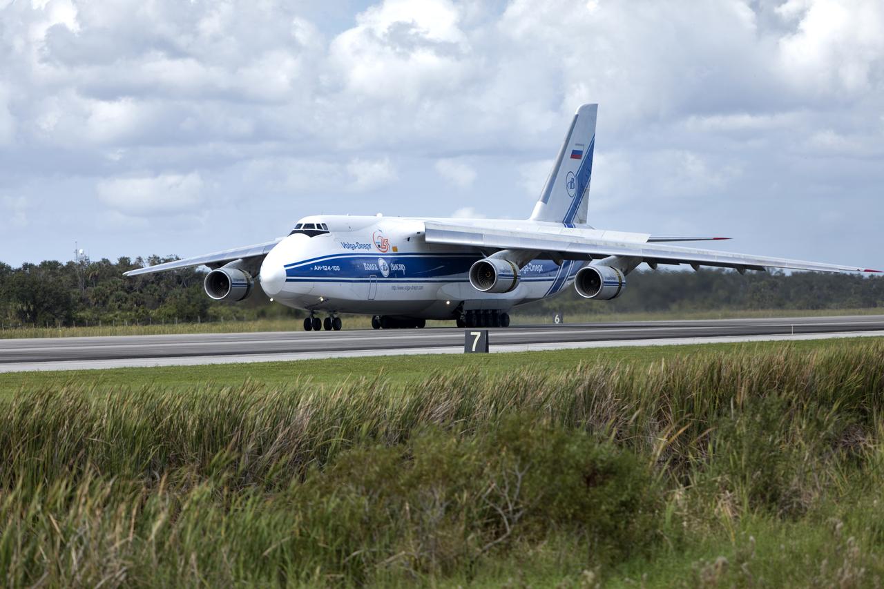 The Antonov cargo aircraft touches down at the Shuttle Landing Facility at NASA's Kennedy Space Center in Florida on Nov. 6, 2018, carrying the European Service Module (ESM) for Exploration Mission-1 (EM-1). The ESM, built by the European Space Agency, will supply the main propulsion system and power to the Orion spacecraft for Exploration Mission-1 (EM-1), a mission to the Moon. The ESM also will house air and water for astronauts on future missions. EM-1 will be an uncrewed flight test that will provide a foundation for human deep space exploration to destinations beyond Earth orbit. EM-1 will be the first integrated test of NASA's Space Launch System, Orion and the ground systems at Kennedy.