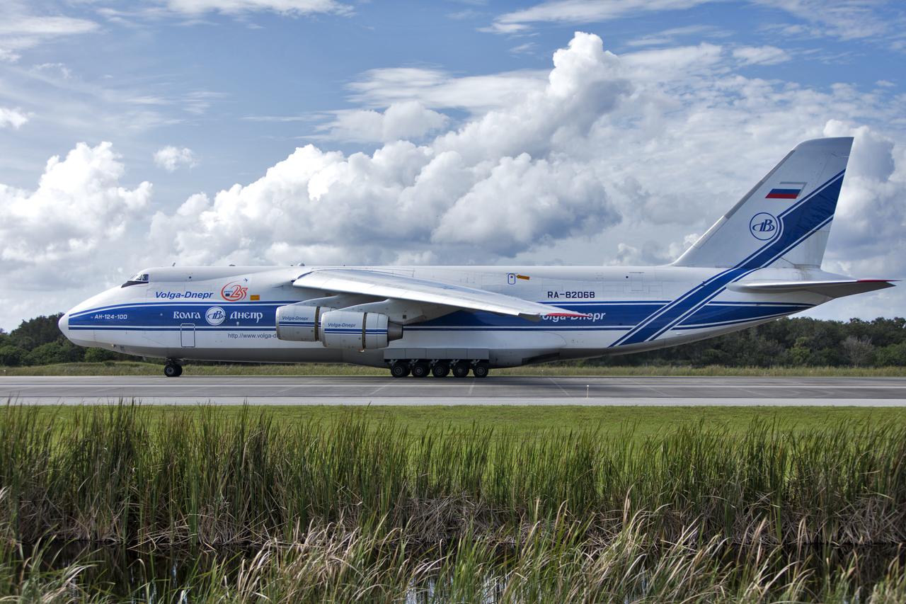 The Antonov cargo aircraft arrives at the Shuttle Landing Facility at NASA's Kennedy Space Center in Florida on Nov. 6, 2018, carrying the European Service Module (ESM) for Exploration Mission-1 (EM-1). The ESM, built by the European Space Agency, will supply the main propulsion system and power to the Orion spacecraft for Exploration Mission-1 (EM-1), a mission to the Moon. The ESM also will house air and water for astronauts on future missions. EM-1 will be an uncrewed flight test that will provide a foundation for human deep space exploration to destinations beyond Earth orbit. EM-1 will be the first integrated test of NASA's Space Launch System, Orion and the ground systems at Kennedy.