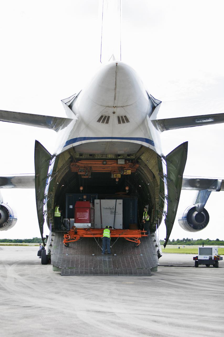 The Antonov cargo aircraft is open on the tarmac at the Shuttle Landing Facility at NASA's Kennedy Space Center in Florida on Nov. 6, 2018. The European Service Module (ESM) for Exploration Mission-1 (EM-1) will be offloaded from the cargo hold. The ESM, built by the European Space Agency, will supply the main propulsion system and power to the Orion spacecraft for Exploration Mission-1 (EM-1), a mission to the Moon. The ESM also will house air and water for astronauts on future missions. EM-1 will be an uncrewed flight test that will provide a foundation for human deep space exploration to destinations beyond Earth orbit. EM-1 will be the first integrated test of NASA's Space Launch System, Orion and the ground systems at Kennedy.