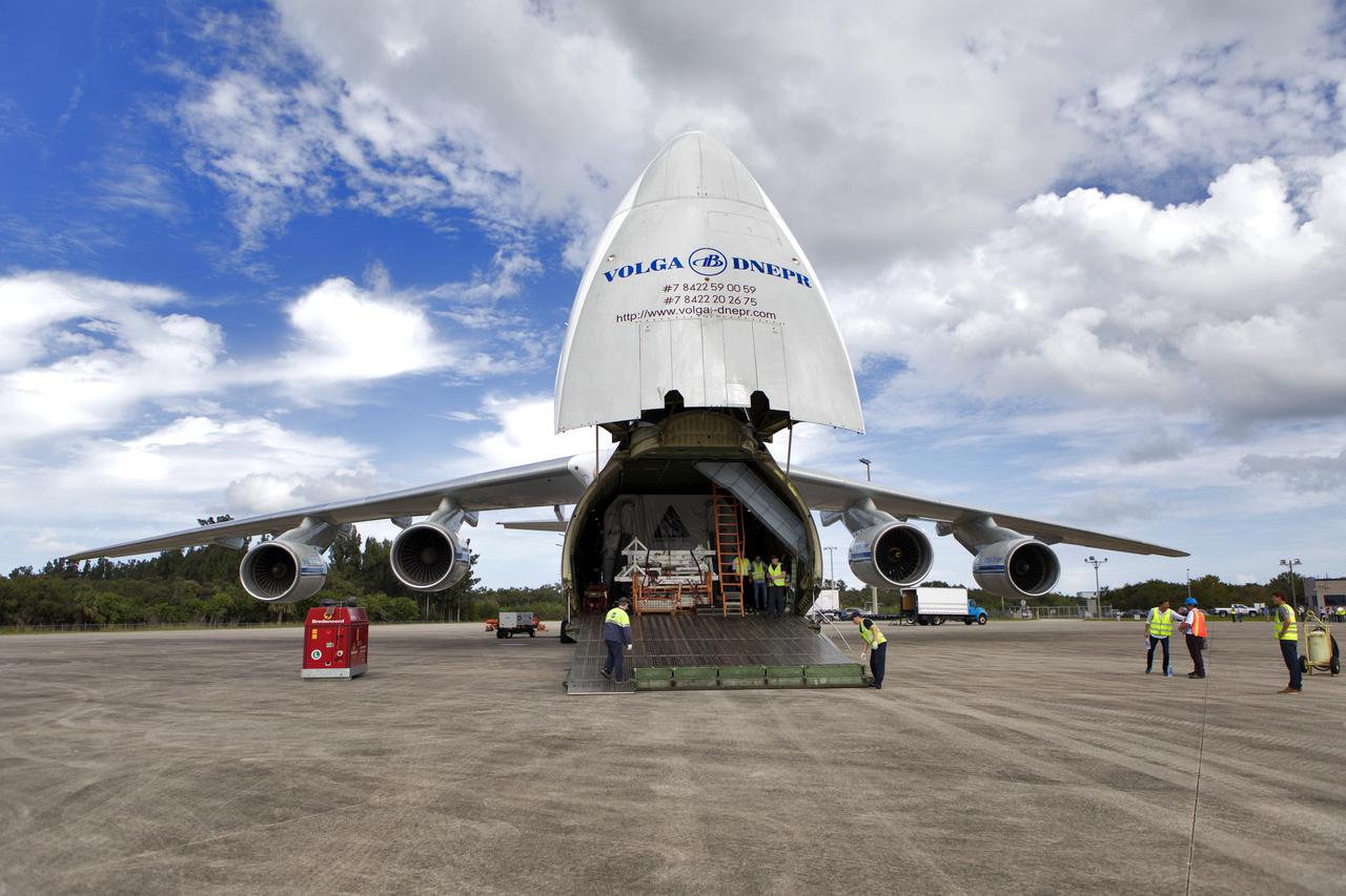 The Antonov cargo aircraft is open on the tarmac at the Shuttle Landing Facility at NASA's Kennedy Space Center in Florida on Nov. 6, 2018. The European Service Module (ESM) for Exploration Mission-1 (EM-1) will be offloaded from the cargo hold. The ESM, built by the European Space Agency, will supply the main propulsion system and power to the Orion spacecraft for Exploration Mission-1 (EM-1), a mission to the Moon. The ESM also will house air and water for astronauts on future missions. EM-1 will be an uncrewed flight test that will provide a foundation for human deep space exploration to destinations beyond Earth orbit. EM-1 will be the first integrated test of NASA's Space Launch System, Orion and the ground systems at Kennedy.