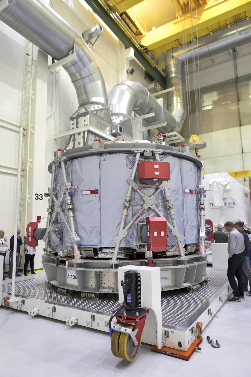 Inside the airlock in the Neil Armstrong Operations and Checkout Building high bay on Nov. 6, 2018, the European Space Agency's European Service Module (ESM) is uncrated at NASA's Kennedy Space Center in Florida. The ESM will supply the main propulsion system and power to the Orion spacecraft for Exploration Mission-1 (EM-1), a mission to the Moon. The ESM also will house air and water for astronauts on future missions. EM-1 will be an uncrewed flight test that will provide a foundation for human deep space exploration to destinations beyond Earth orbit. EM-1 will be the first integrated test of NASA's Space Launch System, Orion and the ground systems at Kennedy.