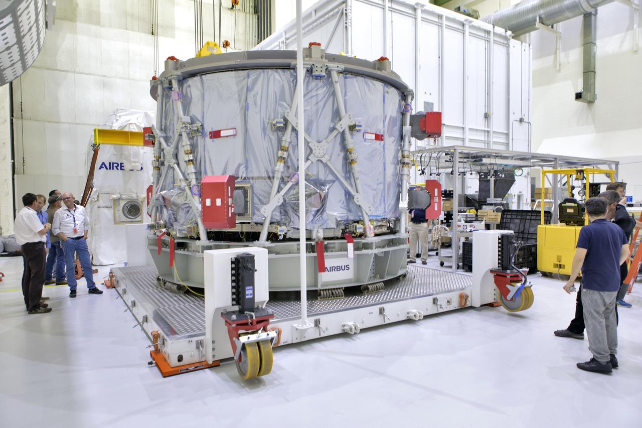 Inside the airlock in the Neil Armstrong Operations and Checkout Building high bay on Nov. 6, 2018, the European Space Agency's European Service Module (ESM) is uncrated and ready for its move to the high bay at NASA's Kennedy Space Center in Florida. The ESM will supply the main propulsion system and power to the Orion spacecraft for Exploration Mission-1 (EM-1), a mission to the Moon. The ESM also will house air and water for astronauts on future missions. EM-1 will be an uncrewed flight test that will provide a foundation for human deep space exploration to destinations beyond Earth orbit. EM-1 will be the first integrated test of NASA's Space Launch System, Orion and the ground systems at Kennedy.