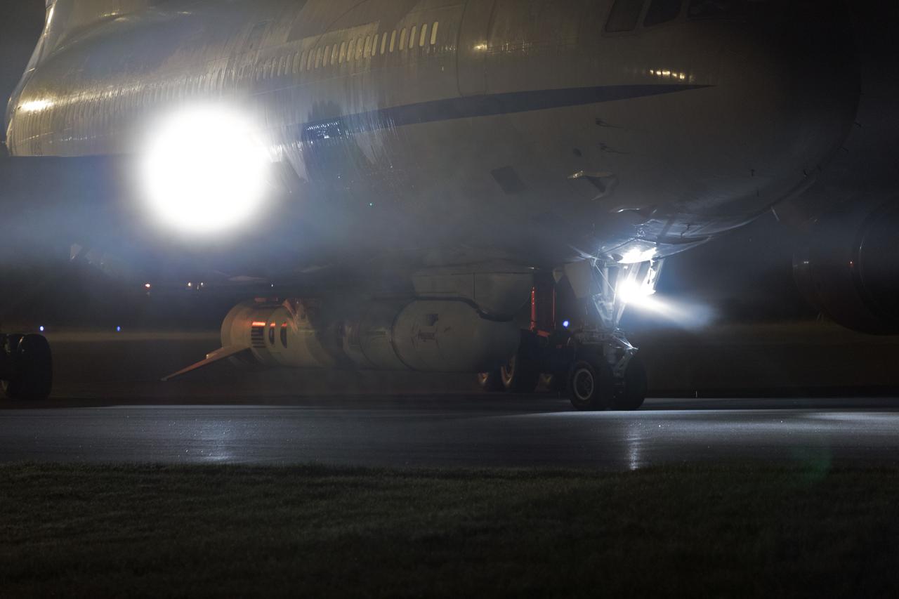 The Northrop Grumman L-1011 Stargazer aircraft, with the Pegasus XL rocket attached beneath, starts down the runway at the Skid Strip at Cape Canaveral Air Force Station in Florida on Nov. 7, 2018. NASA's Ionospheric Connection Explorer (ICON) is secured inside the rocket's payload fairing. The Pegasus XL rocket will be carried aloft by the Stargazer. ICON will study the frontier of space - the dynamic zone high in Earth's atmosphere where terrestrial weather from below meets space weather above. The explorer will help determine the physics of Earth's space environment and pave the way for mitigating its effects on our technology, communications systems and society.