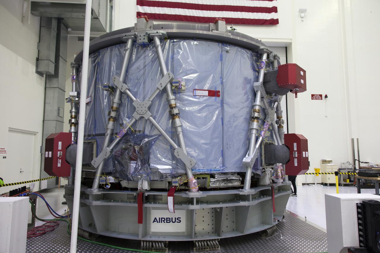 The European Service Module (ESM) is unpacked inside the Neil Armstrong Operations and Checkout Building high bay on Nov. 7, 2018, at NASA's Kennedy Space Center in Florida. The ESM is provided by the European Space Agency, and built by ESA contractor Airbus Defence and Space. It will supply the main propulsion system and power to the Orion spacecraft for Exploration Mission-1 (EM-1), a mission around the Moon. The ESM also will house air and water for astronauts on future missions. EM-1 will be an uncrewed flight test that will provide a foundation for human deep space exploration to destinations beyond Earth orbit. EM-1 will be the first integrated test of NASA's Space Launch System, Orion and the ground systems at Kennedy.