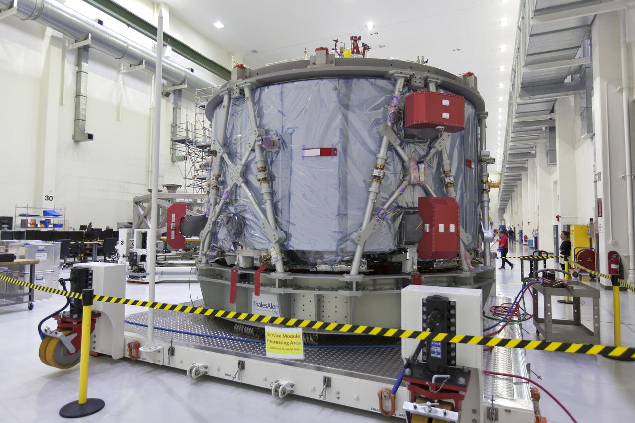 The European Service Module (ESM) is unpacked inside the Neil Armstrong Operations and Checkout Building high bay on Nov. 7, 2018, at NASA's Kennedy Space Center in Florida. The ESM is provided by the European Space Agency, and built by ESA contractor Airbus Defence and Space. It will supply the main propulsion system and power to the Orion spacecraft for Exploration Mission-1 (EM-1), a mission around the Moon. The ESM also will house air and water for astronauts on future missions. EM-1 will be an uncrewed flight test that will provide a foundation for human deep space exploration to destinations beyond Earth orbit. EM-1 will be the first integrated test of NASA's Space Launch System, Orion and the ground systems at Kennedy.