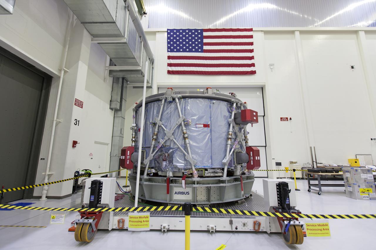 The European Service Module (ESM) is unpacked inside the Neil Armstrong Operations and Checkout Building high bay on Nov. 7, 2018, at NASA's Kennedy Space Center in Florida. The ESM is provided by the European Space Agency, and built by ESA contractor Airbus Defence and Space. It will supply the main propulsion system and power to the Orion spacecraft for Exploration Mission-1 (EM-1), a mission around the Moon. The ESM also will house air and water for astronauts on future missions. EM-1 will be an uncrewed flight test that will provide a foundation for human deep space exploration to destinations beyond Earth orbit. EM-1 will be the first integrated test of NASA's Space Launch System, Orion and the ground systems at Kennedy.