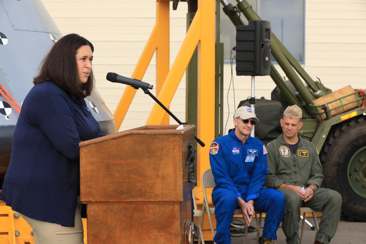 NASA Landing and Recovery Director Melissa Jones briefs the media on the success of Underway Recovery Test-7 on Nov. 7, 2018, at U.S. Naval Base San Diego. Seated, to the right of Jones is NASA astronaut Don Pettit. All of the recovery equipment that was created to safely bring Orion home passed verification and validation testing. The Recovery Team, along with the U.S. Navy, practice recovering the Orion test version as part of URT-7 in the Pacific Ocean. URT-7 is one in a series of tests to verify and validate procedures and hardware that will be used to recover the Orion spacecraft after it splashes down in the Pacific Ocean following deep space exploration missions. Orion will have emergency abort capability, sustain the crew during space travel and provide safe re-entry from deep space return velocities.
