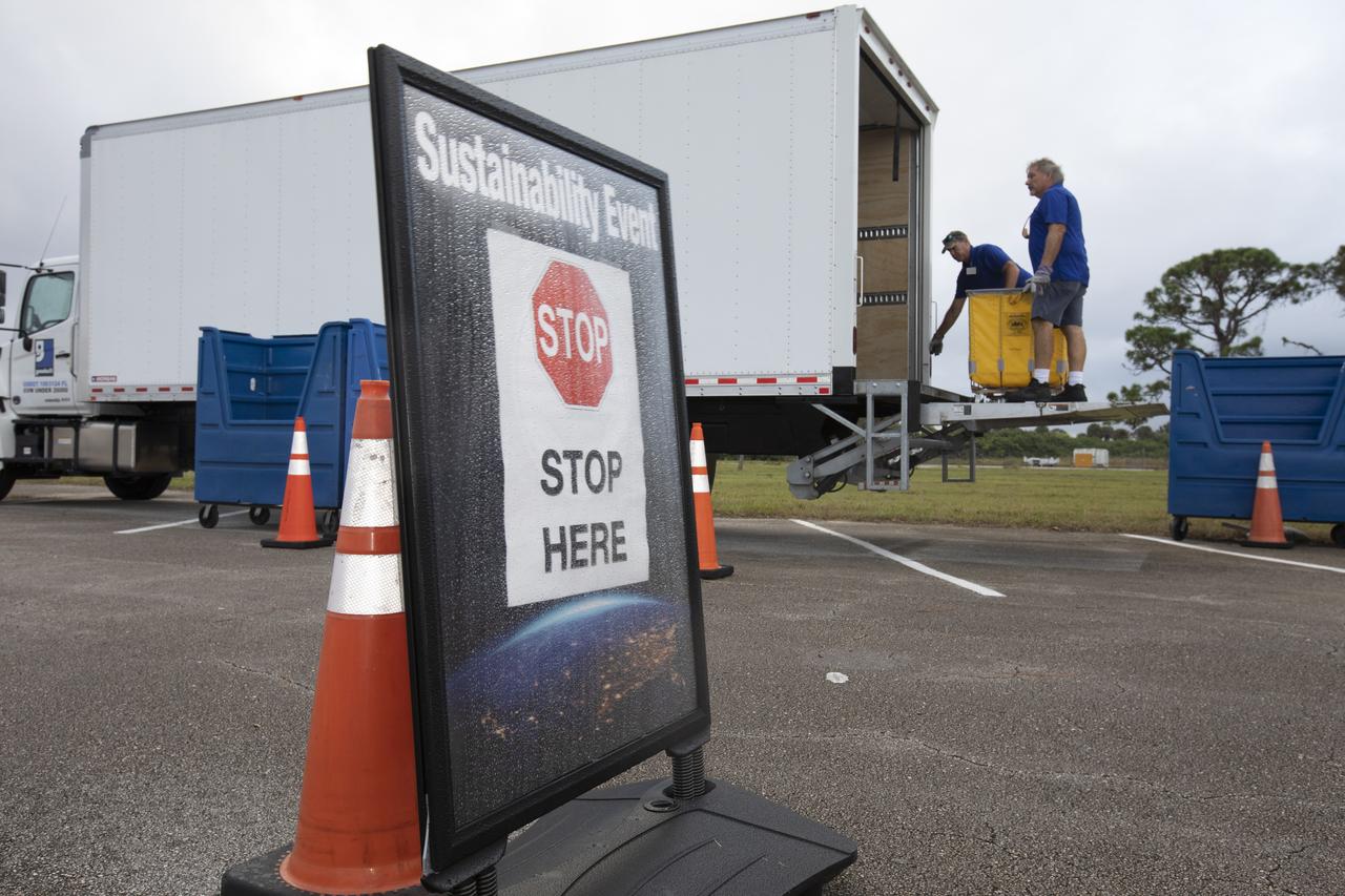 In the parking lot of the Vehicle Assembly Building at NASA's Kennedy Space Center in Florida, employees turn in used household material for recycling as part of America Recycles Day (ARD). The annual event is a nationally recognized initiative dedicated to promoting recycling in the United States. This year, KSC is partnered with Goodwill Industries and several other local organizations to receive donation material from employees such as gently used household items, personal electronic waste, greeting cards and serviceable eyeglasses.