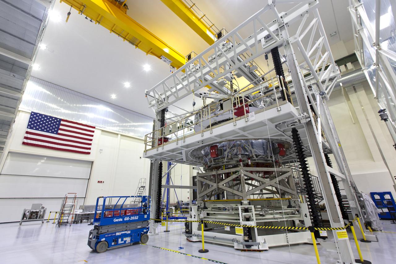 Inside the Neil Armstrong Operations and Checkout Building high bay at NASA's Kennedy Space Center in Florida, Orion's crew module adapter is mated to the European Service Module on Nov. 16, 2018. For the first time, NASA will use a European-built system as a critical element to power an American spacecraft, extending the international cooperation of the International Space Station into deep space. The European Service Module is a unique collaboration across space agencies and industry including ESA's prime contractor, Airbus, and 10 European countries. The completion of service module work in Europe and shipment to Kennedy signifies a major milestone toward NASA's deep space exploration missions to the Moon and beyond.