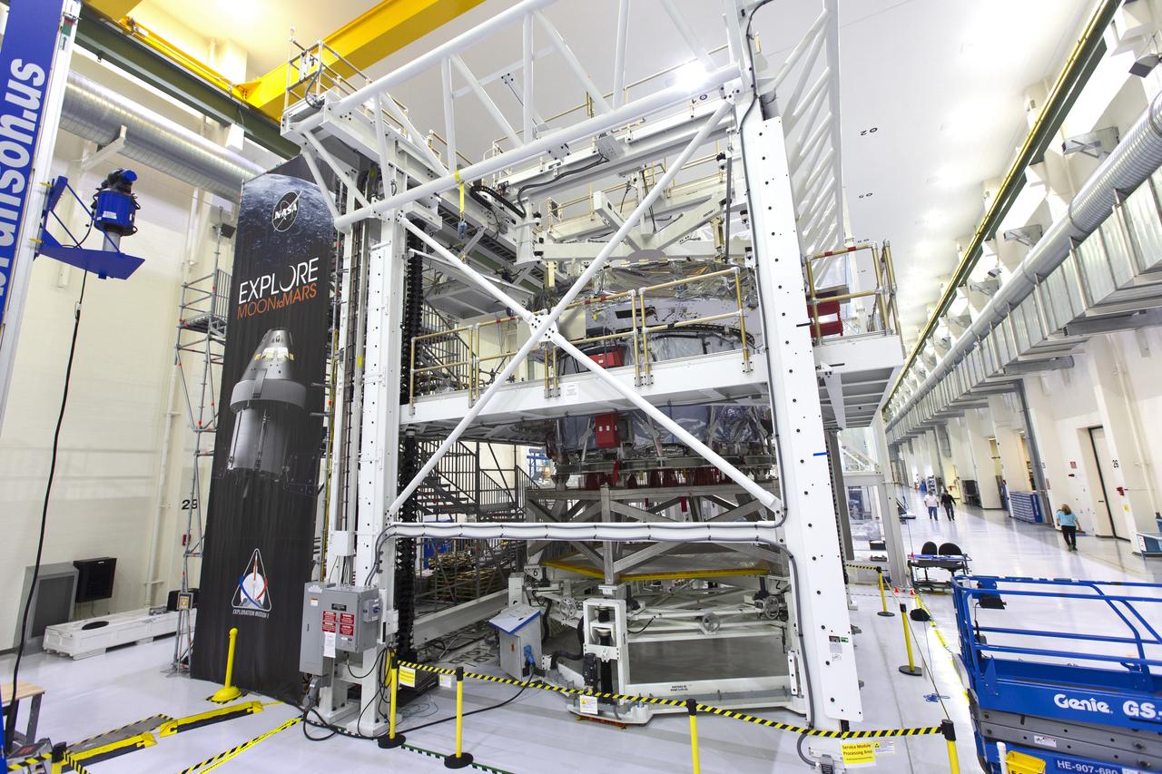 Inside the high bay of the Neil Armstrong Operations and Checkout Building at NASA's Kennedy Space Center in Florida, Orion's crew module adapter is mated to the European Service Module on Nov. 26, 2018. For the first time, NASA will use a European-built system as a critical element to power an American spacecraft, extending the international cooperation of the International Space Station into deep space. The European Service Module is a unique collaboration across space agencies and industry, including the European Space Agency's prime contractor, Airbus, and 10 European countries. The completion of service module work in Europe and shipment to Kennedy signifies a major milestone toward NASA's human deep space exploration missions to the Moon and beyond.