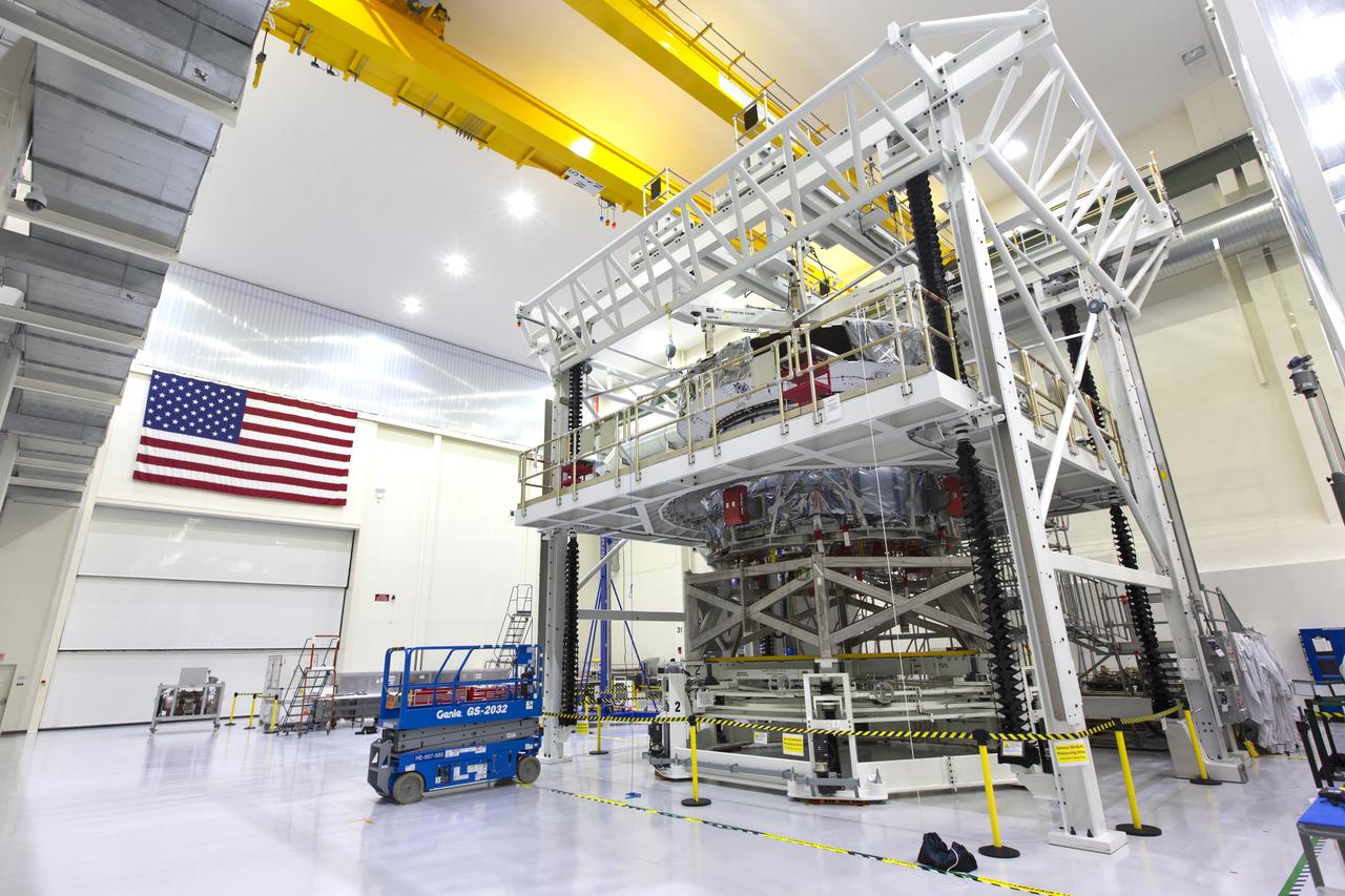 Inside the high bay of the Neil Armstrong Operations and Checkout Building at NASA's Kennedy Space Center in Florida, Orion's crew module adapter is mated to the European Service Module on Nov. 26, 2018. For the first time, NASA will use a European-built system as a critical element to power an American spacecraft, extending the international cooperation of the International Space Station into deep space. The European Service Module is a unique collaboration across space agencies and industry, including the European Space Agency's prime contractor, Airbus, and 10 European countries. The completion of service module work in Europe and shipment to Kennedy signifies a major milestone toward NASA's human deep space exploration missions to the Moon and beyond.