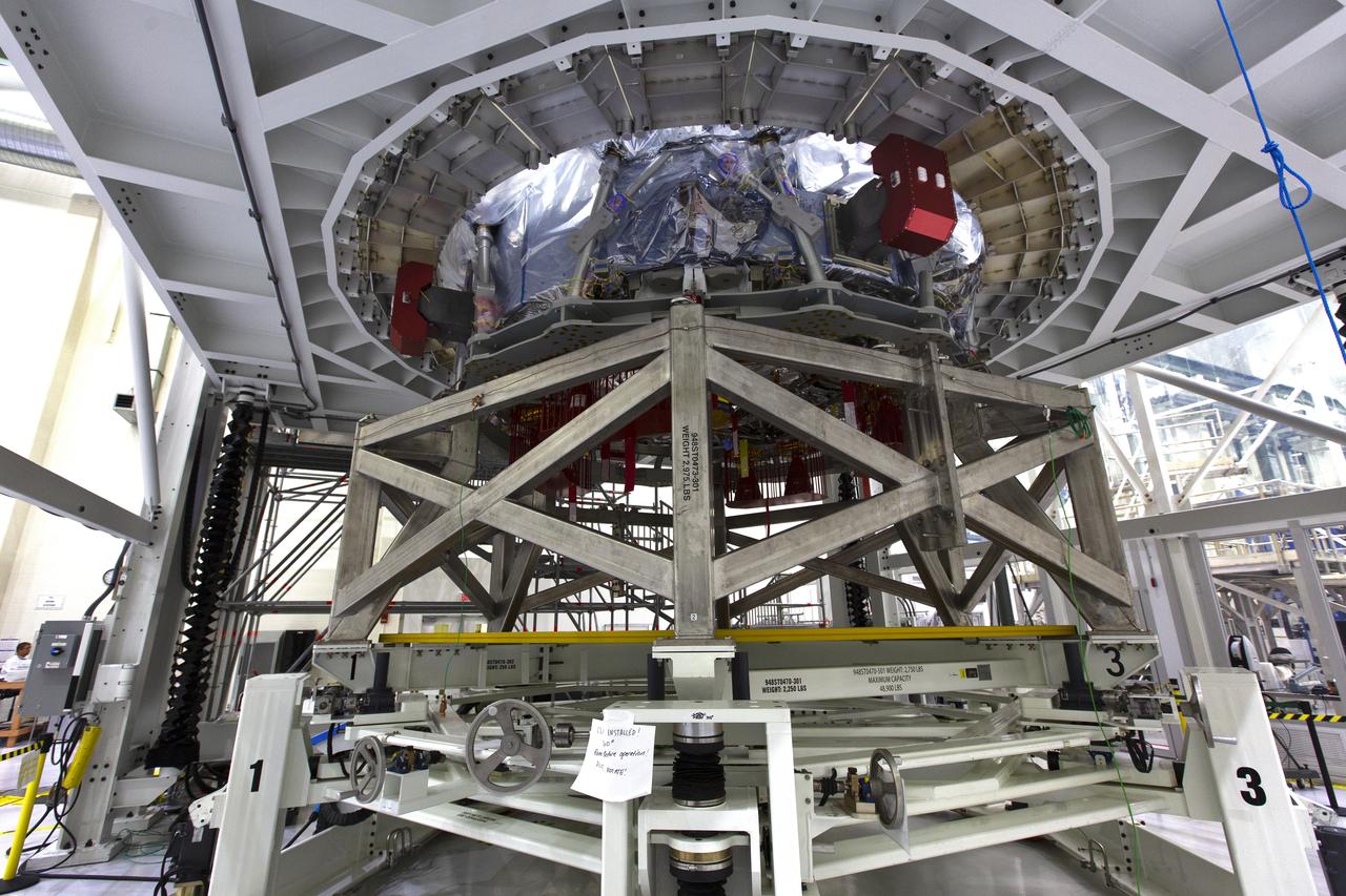 Inside the high bay of the Neil Armstrong Operations and Checkout Building at NASA's Kennedy Space Center in Florida, the European Service Module, below, is being mated to Orion's crew module adapter on Nov. 26, 2018. For the first time, NASA will use a European-built system as a critical element to power an American spacecraft, extending the international cooperation of the International Space Station into deep space. The European Service Module is a unique collaboration across space agencies and industry, including the European Space Agency's prime contractor, Airbus, and 10 European countries. The completion of service module work in Europe and shipment to Kennedy signifies a major milestone toward NASA's human deep space exploration missions to the Moon and beyond.