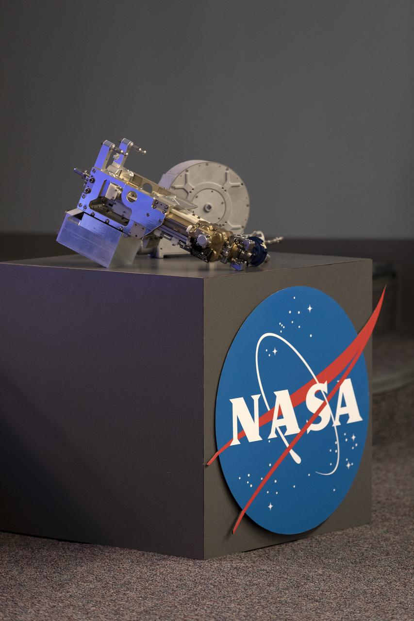 Hardware associated with the Robotic Refueling Mission 3, or RRM3, experiment, ws on display for members of the media in the Kennedy Space Center’s Press Site auditorium. The briefing focused on research planned for launch to the International Space Station. The scientific materials and supplies will be aboard a Dragon spacecraft scheduled for liftoff from Cape Canaveral Air Force Station's Space Launch Complex 40. The SpaceX Falcon 9 rocket will launch the company's 16th Commercial Resupply Services mission to the space station.