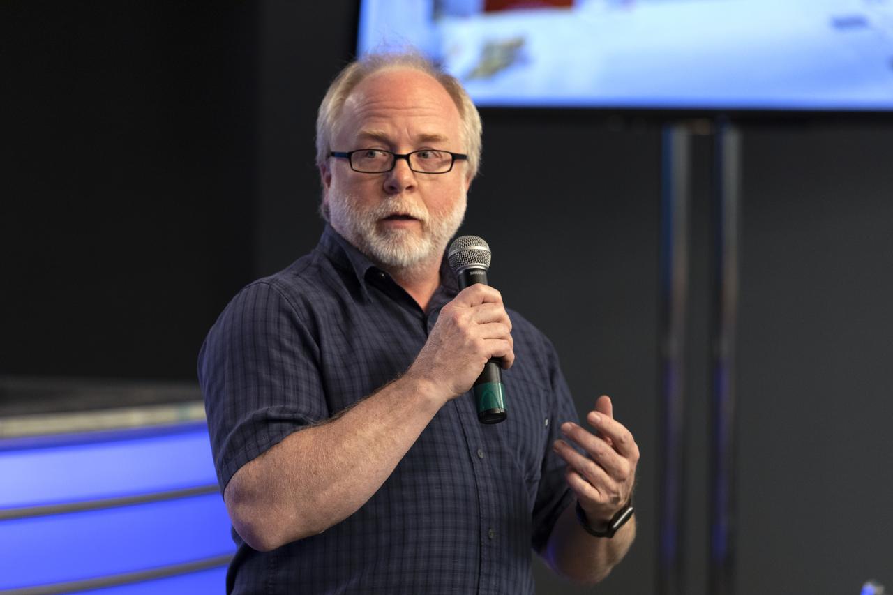 Bryan Blair, deputy principal investigator for Global Ecosystem Dynamics Investigation lidar, or GEDI, speaks to members of the media in the Kennedy Space Center’s Press Site auditorium. The briefing focused on research planned for launch to the International Space Station. The scientific materials and supplies will be aboard a Dragon spacecraft scheduled for liftoff from Cape Canaveral Air Force Station's Space Launch Complex 40. The SpaceX Falcon 9 rocket will launch the company's 16th Commercial Resupply Services mission to the space station.