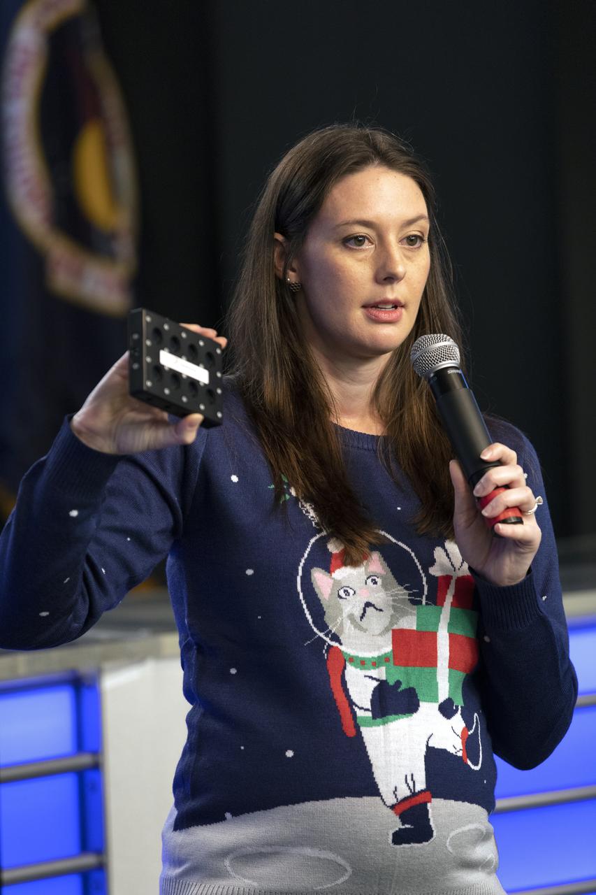 Elaine Horn-Ranney, principal investigator for Tympanogen, Inc., speaks to members of the media in the Kennedy Space Center’s Press Site auditorium. The briefing focused on research planned for launch to the International Space Station. The scientific materials and supplies will be aboard a Dragon spacecraft scheduled for liftoff from Cape Canaveral Air Force Station's Space Launch Complex 40. The SpaceX Falcon 9 rocket will launch the company's 16th Commercial Resupply Services mission to the space station.