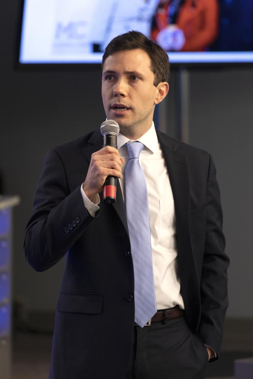 Jordan Greco, chief science officer for LambdaVision Inc. in Farmington, Connecticut, speaks to members of the media in the Kennedy Space Center’s Press Site auditorium. The briefing focused on research planned for launch to the International Space Station. The scientific materials and supplies will be aboard a Dragon spacecraft scheduled for liftoff from Cape Canaveral Air Force Station's Space Launch Complex 40. The SpaceX Falcon 9 rocket will launch the company's 16th Commercial Resupply Services mission to the space station.
