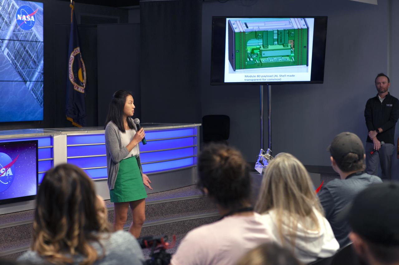 Adia Bulawa, project lead for Staying Healthy in Space, speaks to members of the media in the Kennedy Space Center’s Press Site auditorium. The briefing focused on research planned for launch to the International Space Station. The scientific materials and supplies will be aboard a Dragon spacecraft scheduled for liftoff from Cape Canaveral Air Force Station's Space Launch Complex 40. The SpaceX Falcon 9 rocket will launch the company's 16th Commercial Resupply Services mission to the space station.