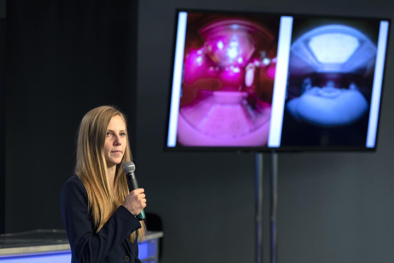 Sarina Kopf, project lead for Aeroponic Farming in Microgravity, speaks to members of the media in the Kennedy Space Center’s Press Site auditorium. The briefing focused on research planned for launch to the International Space Station. The scientific materials and supplies will be aboard a Dragon spacecraft scheduled for liftoff from Cape Canaveral Air Force Station's Space Launch Complex 40. The SpaceX Falcon 9 rocket will launch the company's 16th Commercial Resupply Services mission to the space station.