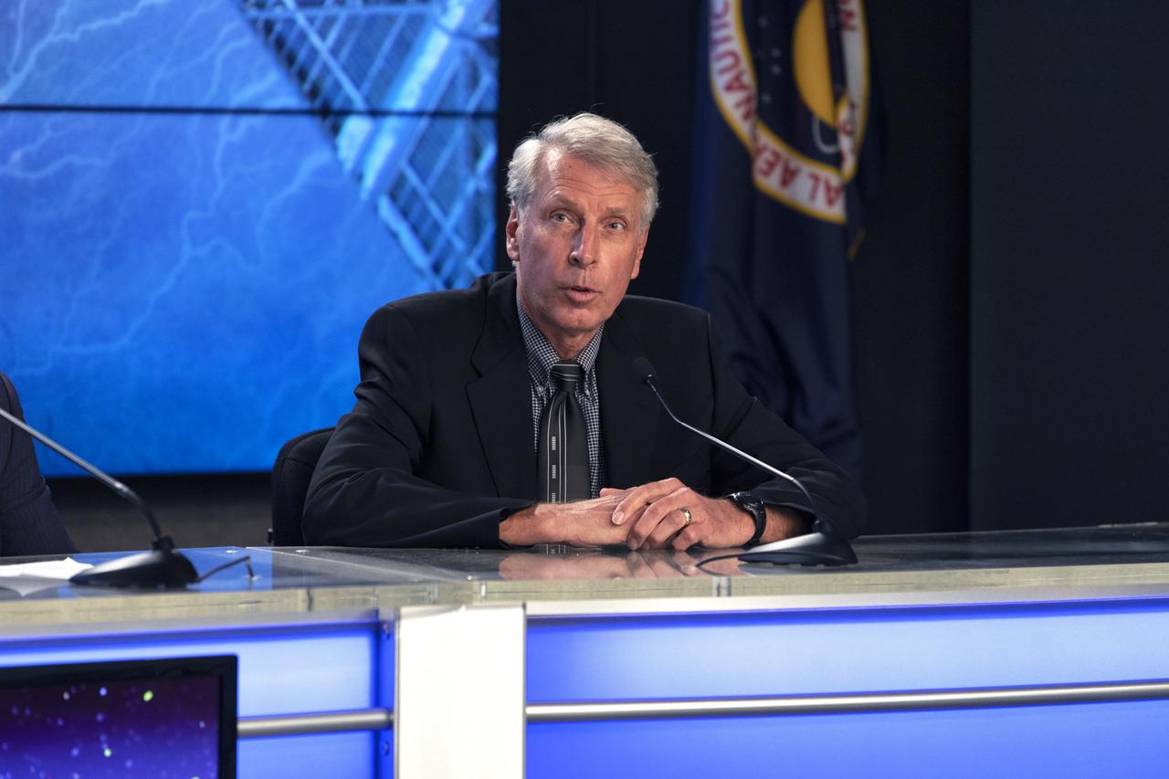 In the Kennedy Space Center’s Press Site auditorium, Clay Flinn, launch weather officer for the U.S. Air Force 45th Space Wing at Cape Canaveral Air Force Station, speaks to members of the media during a prelaunch news conference for the SpaceX CRS-16 commercial resupply services mission to the International Space Station. A Dragon spacecraft is scheduled to be launched from Space Launch Complex 40 at Cape Canaveral Air Force Station. The SpaceX Falcon 9 rocket will lift off on the company's 16th Commercial Resupply Services mission to the space station.