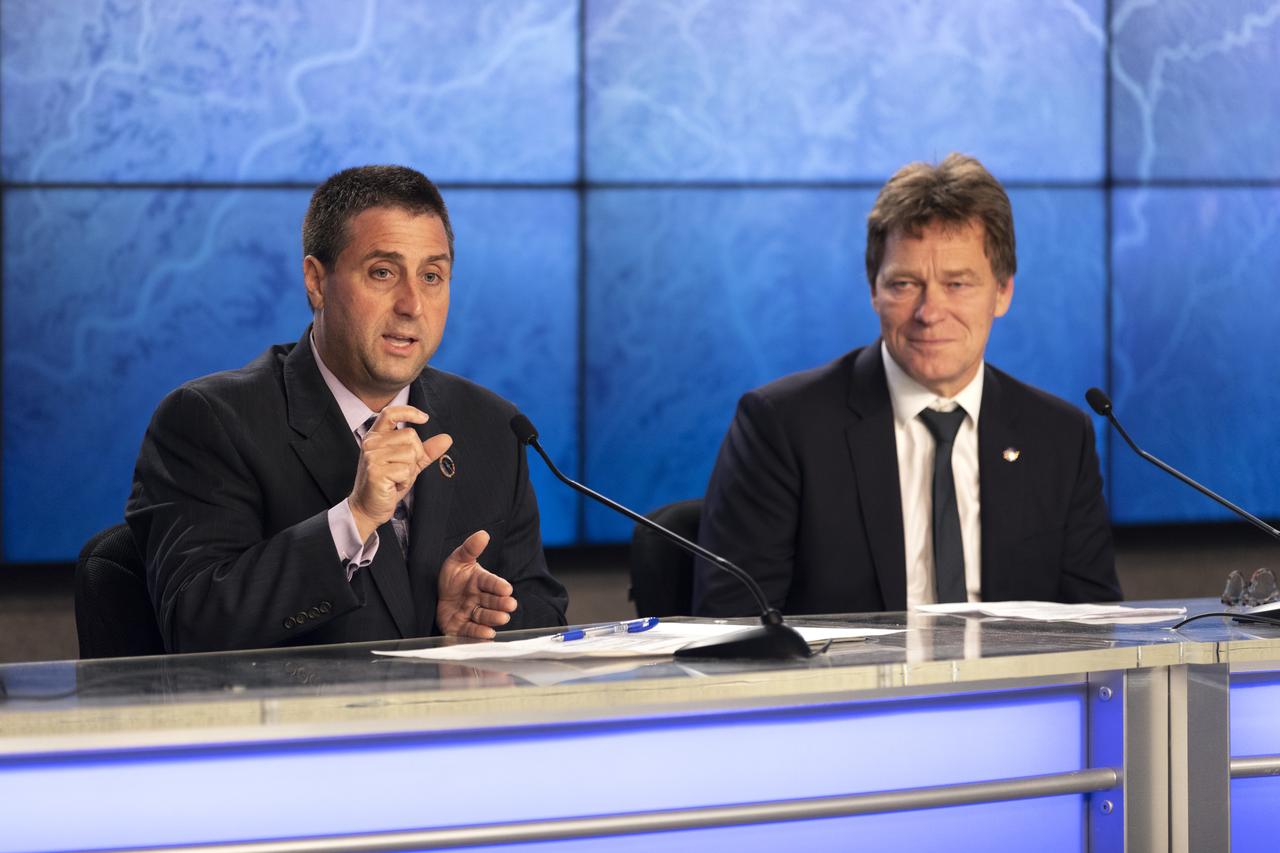 In the Kennedy Space Center’s Press Site auditorium, Joel Montalbano, deputy International Space Station program manager at NASA's Johnson Space Center in Houston, and Hans Koenigsmann, vice president of Build and Flight Reliability for SpaceX, speak to members of the media during a prelaunch news conference for the SpaceX CRS-16 commercial resupply services mission to the International Space Station. A Dragon spacecraft is scheduled to be launched from Space Launch Complex 40 at Cape Canaveral Air Force Station. The SpaceX Falcon 9 rocket will lift off on the company's 16th Commercial Resupply Services mission to the space station.