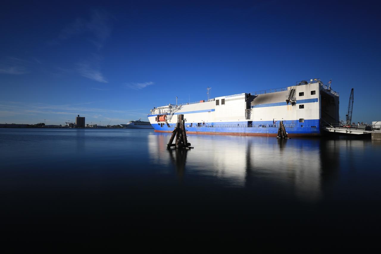 The United Launch Alliance (ULA) Mariner cargo vessel arrives at Cape Canaveral Air Force Station in Florida on Dec. 7, 2018, carrying the first stage of the rocket that will launch Boeing's CST-100 Starliner spacecraft to the International Space Station on the company's uncrewed Orbital Flight Test. The ULA Atlas V first stage booster was shipped from the company's manufacturing plant in Decatur, Alabama. It is the final piece of hardware that ULA needs to launch the first Boeing Starliner. The booster will be transported to the Atlas Spaceflight Operations Center for receiving inspections and checkout.
