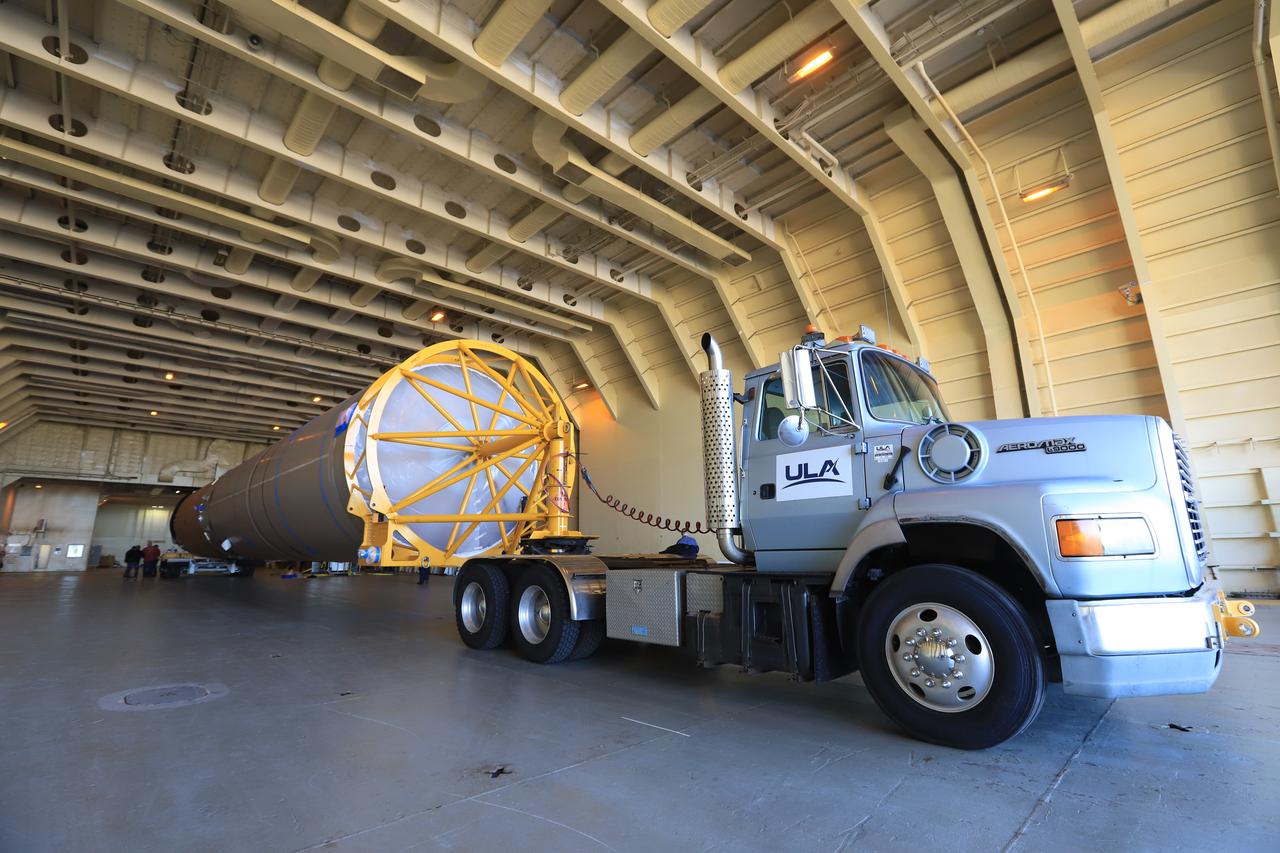 The first stage of the rocket that will launch Boeing's CST-100 Starliner spacecraft to the International Space Station on the company's uncrewed Orbital Flight Test arrived at Cape Canaveral Air Force Station in Florida on Dec. 7, 2018. The United Launch Alliance (ULA) Atlas V first stage booster was shipped aboard ULA's Mariner cargo vessel from the company's manufacturing plant in Decatur, Alabama. It is the final piece of hardware that ULA needs to launch the first Boeing Starliner. The booster will be transported to the Atlas Spaceflight Operations Center for receiving inspections and checkout.