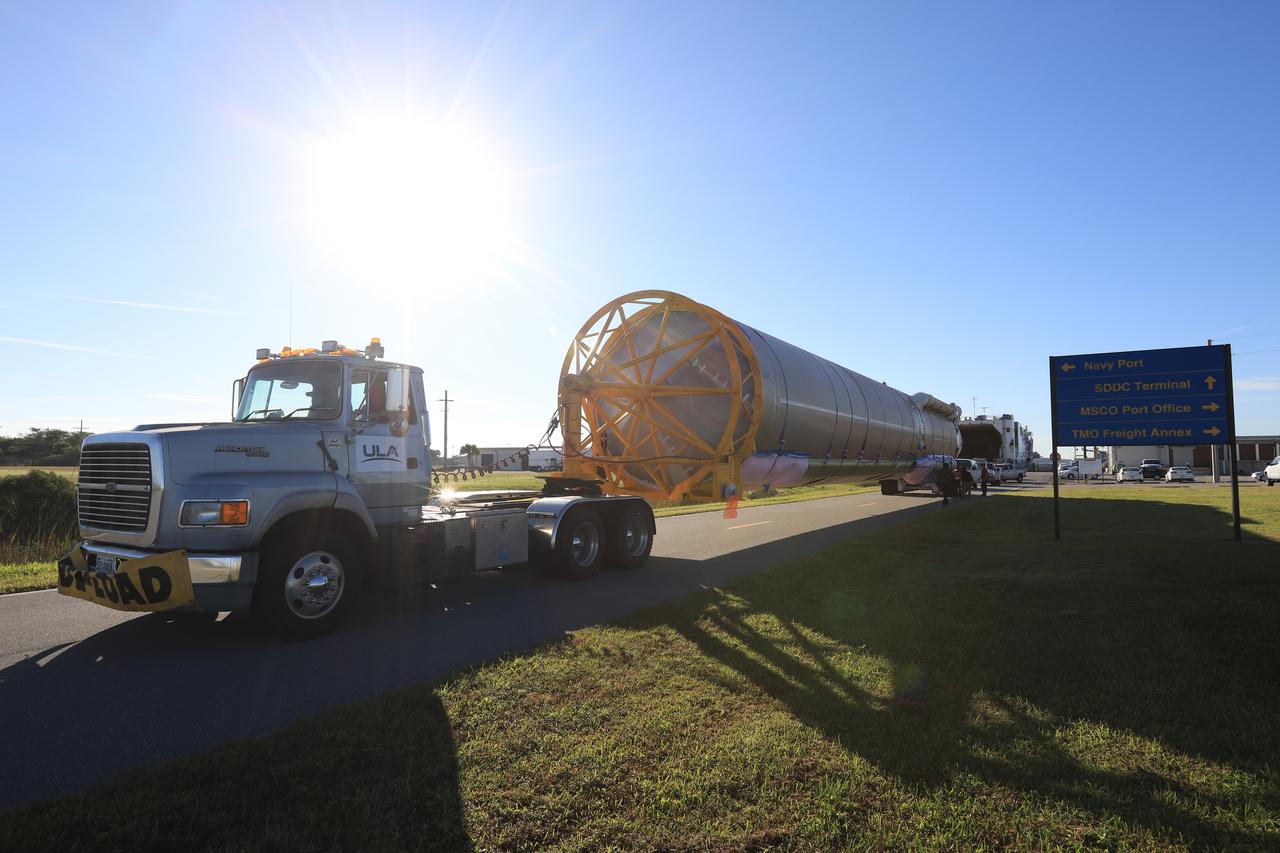 The first stage of the rocket that will launch Boeing's CST-100 Starliner spacecraft to the International Space Station on the company's uncrewed Orbital Flight Test is on its way to the United Launch Alliance (ULA) Atlas Spaceflight Operations Center (ASOC) at Cape Canaveral Air Force Station in Florida on Dec. 7, 2018. The ULA Atlas V first stage booster was shipped aboard the company's Mariner cargo vessel from the company's manufacturing plant in Decatur, Alabama. It is the final piece of hardware that ULA needs to launch the first Boeing Starliner. Inside the ASOC, the booster will be inspected and checked out.
