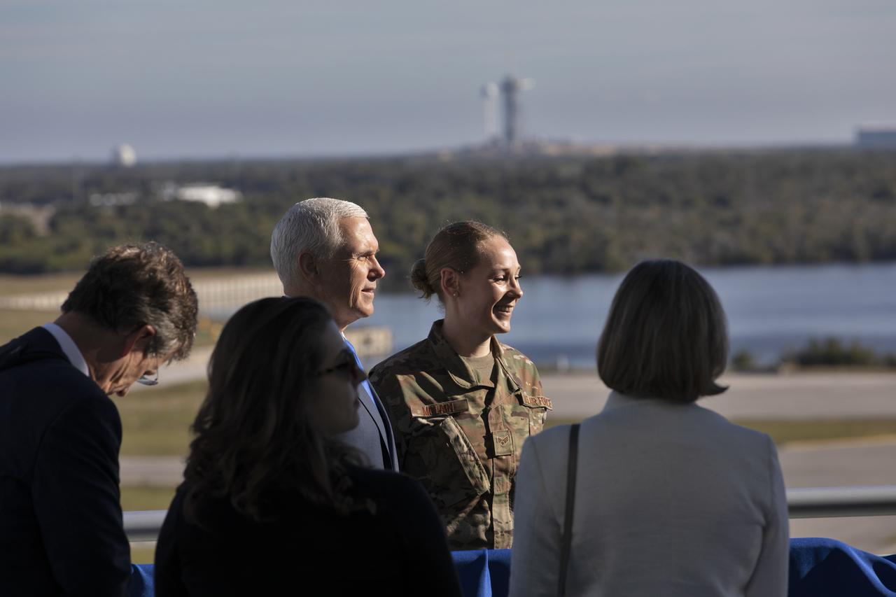 At the Operations and Support Building II at NASA's Kennedy Space Center in Florida, Vice President Mike Pence attends the launch attempt of SpaceX's Falcon 9 rocket carrying the U.S. Air Force's GPS III satellite from Space Launch Complex 40 on Cape Canaveral Air Force Station on Dec. 18, 2018.
