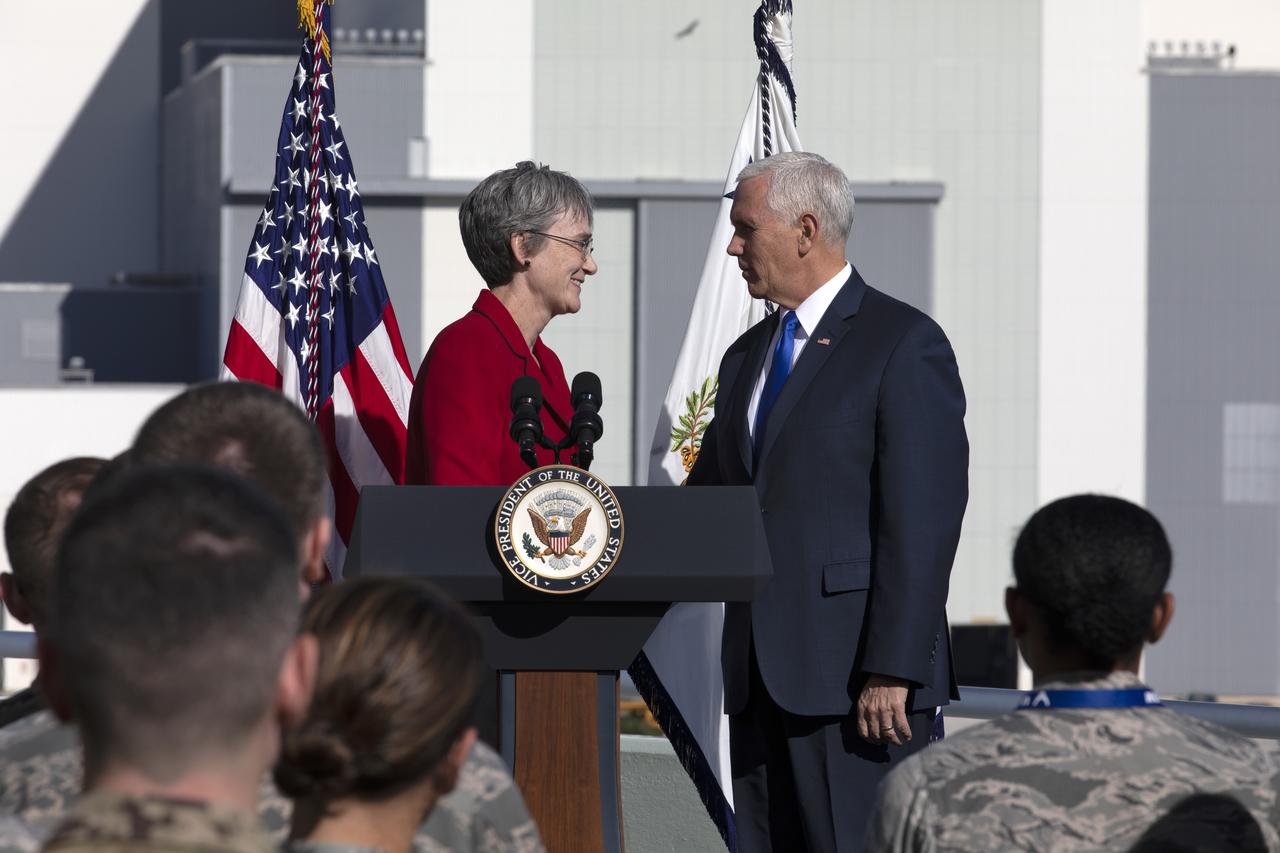 At the Operations and Support Building II at NASA's Kennedy Space Center in Florida, Vice President Mike Pence attends the launch attempt of SpaceX's Falcon 9 rocket carrying the U.S. Air Force's GPS III satellite from Space Launch Complex 40 on Cape Canaveral Air Force Station on Dec. 18, 2018. Speaking at the podium is Secretary of the U.S. Air Force Heather Wilson.